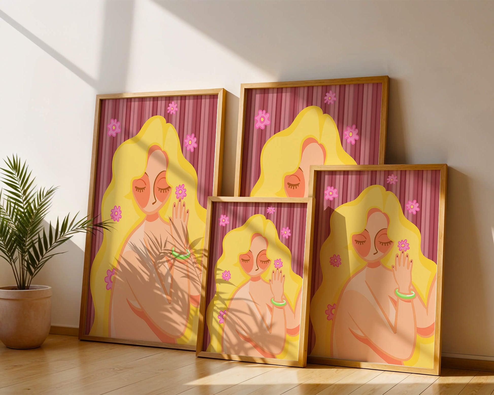 Ilustración abstracta de una mujer serena con el pelo largo y rubio y flores