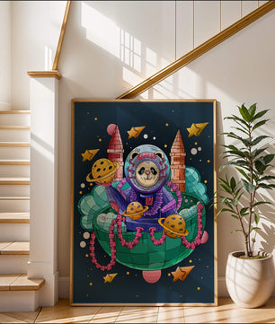 Whimsical space panda illustration with planets and stars