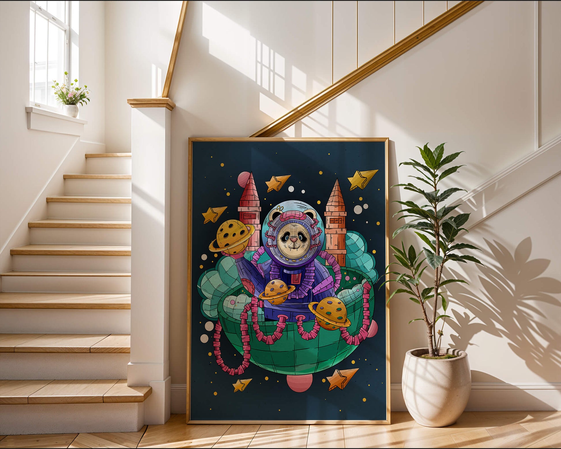 Whimsical space panda illustration with planets and stars