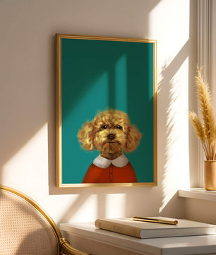 Portrait de caniche charmant en tenue de fête sur fond turquoise