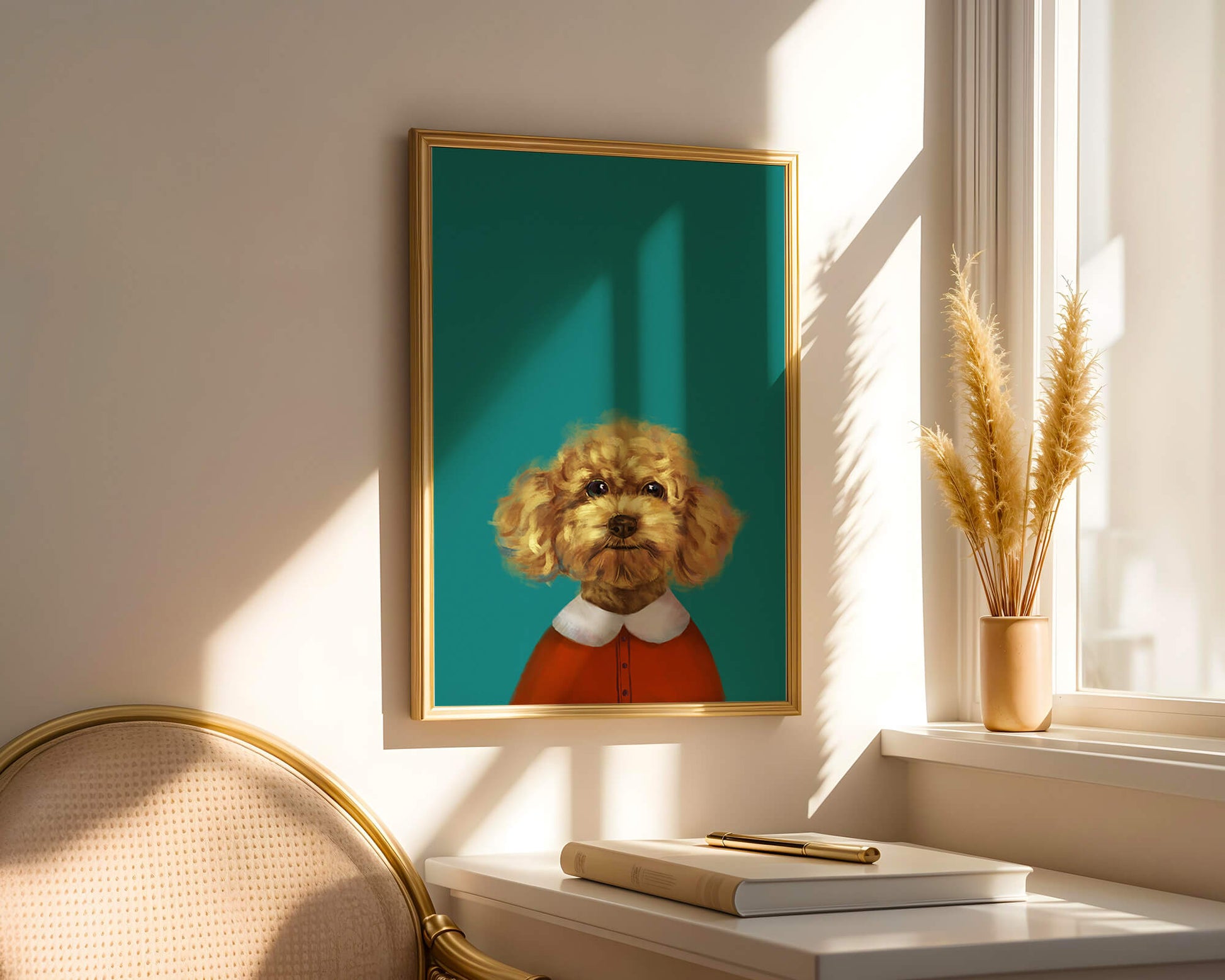 Portrait de caniche charmant en tenue de fête sur fond turquoise