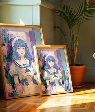 Illustration d'une fille en robe de marin parmi des tulipes avec une palette de couleurs pastel