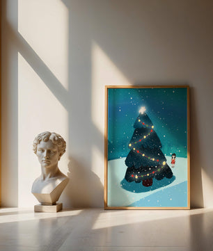 Winter scene with decorated Christmas tree and snowfall