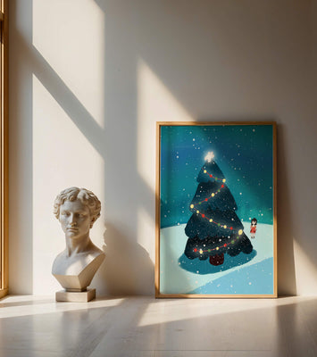 Winter scene with decorated Christmas tree and snowfall
