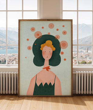 Whimsical Portrait of a Woman with Green Hair and Abstract Circles - Mi tienda