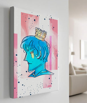 Illustration artistique d’un personnage au visage bleu avec une couronne dorée sur un fond abstrait