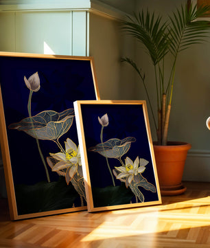 Elegant Lotus Flower with Gold Accents on Deep Blue Background