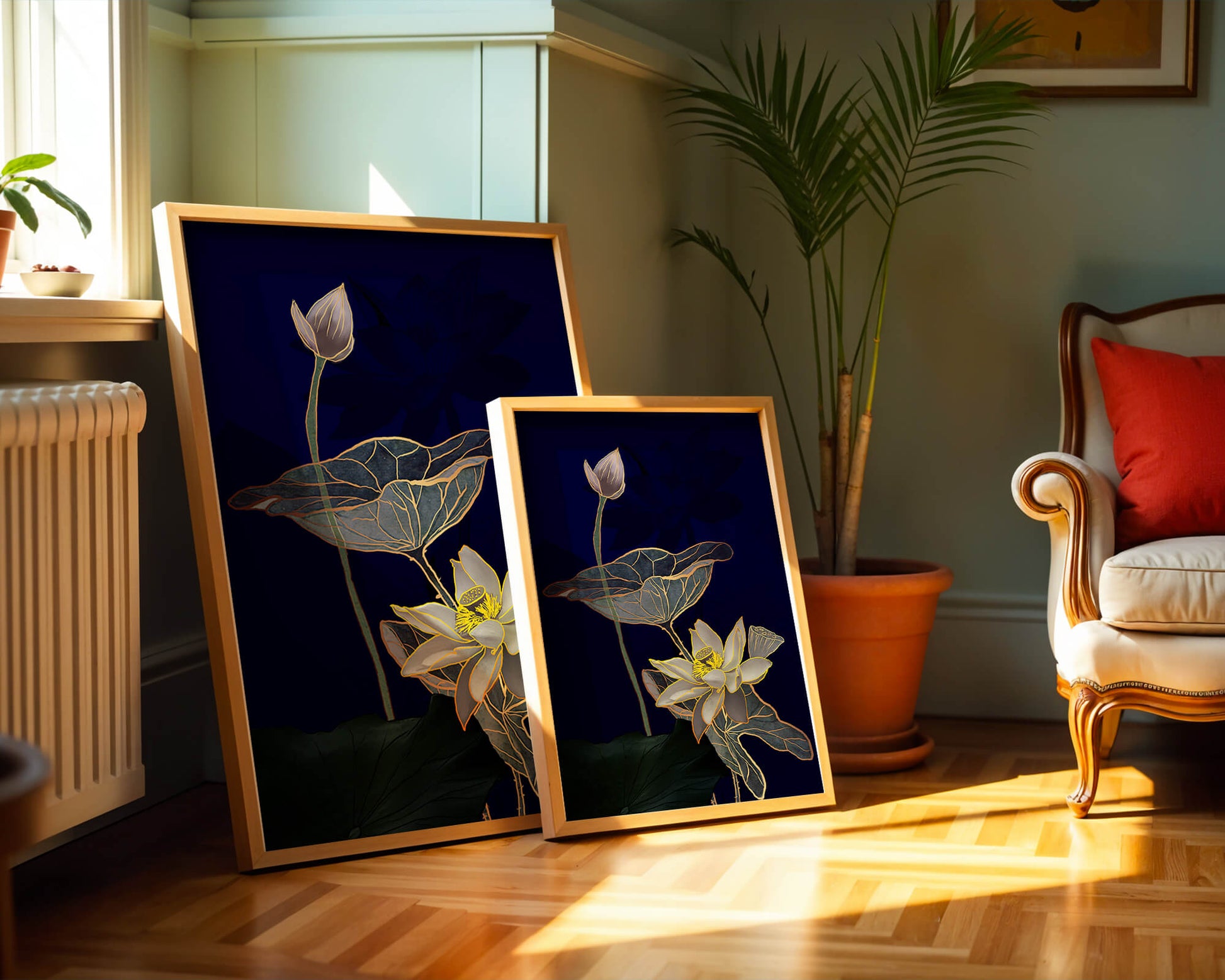 Elegant Lotus Flower with Gold Accents on Deep Blue Background