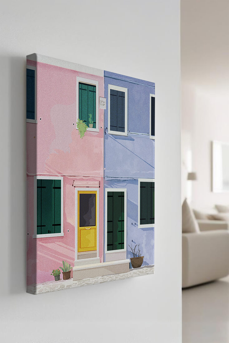 Charming pastel houses with colorful doors and windows
