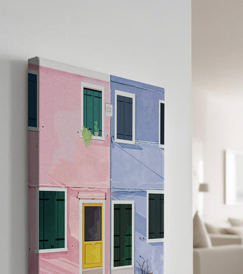 Charming pastel houses with colorful doors and windows