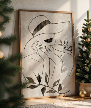Abstract Woman in Hat with Minimalist Leaf Design