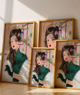 Elegant woman in vintage attire with netted hat and floral elements