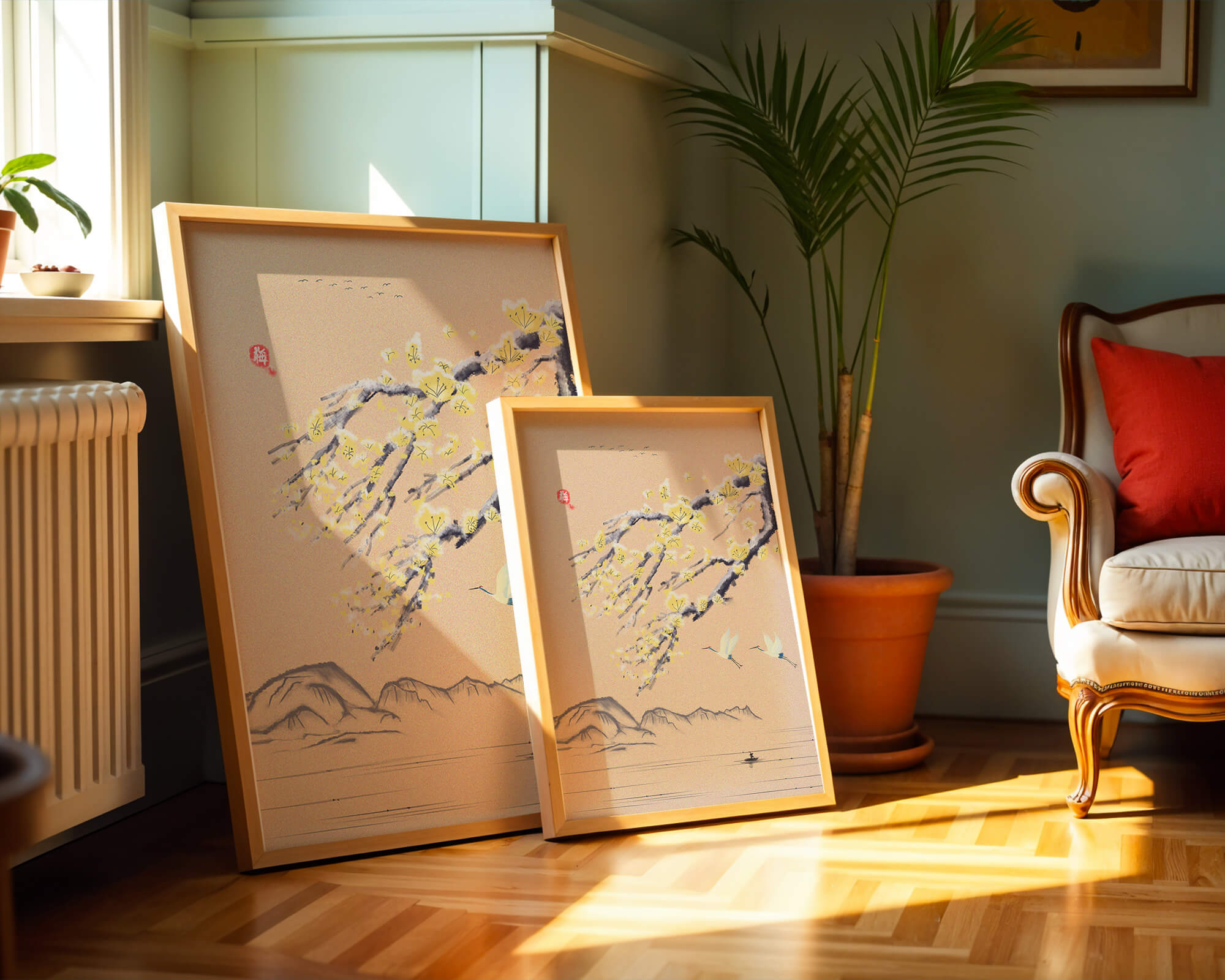 Tranquil landscape with blooming branches and flying cranes