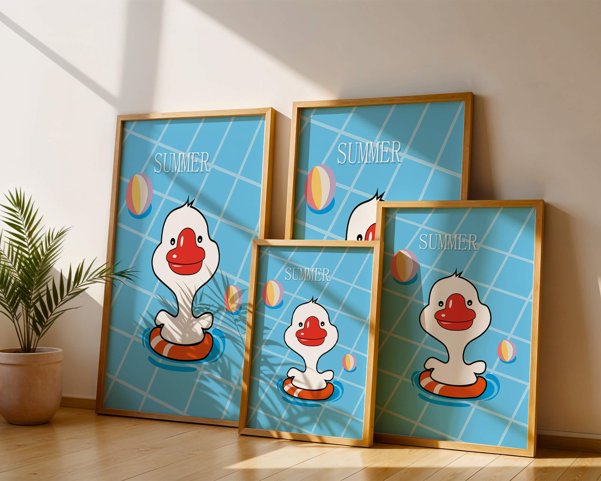 Cartoon duck swimming in a pool with summer beach elements