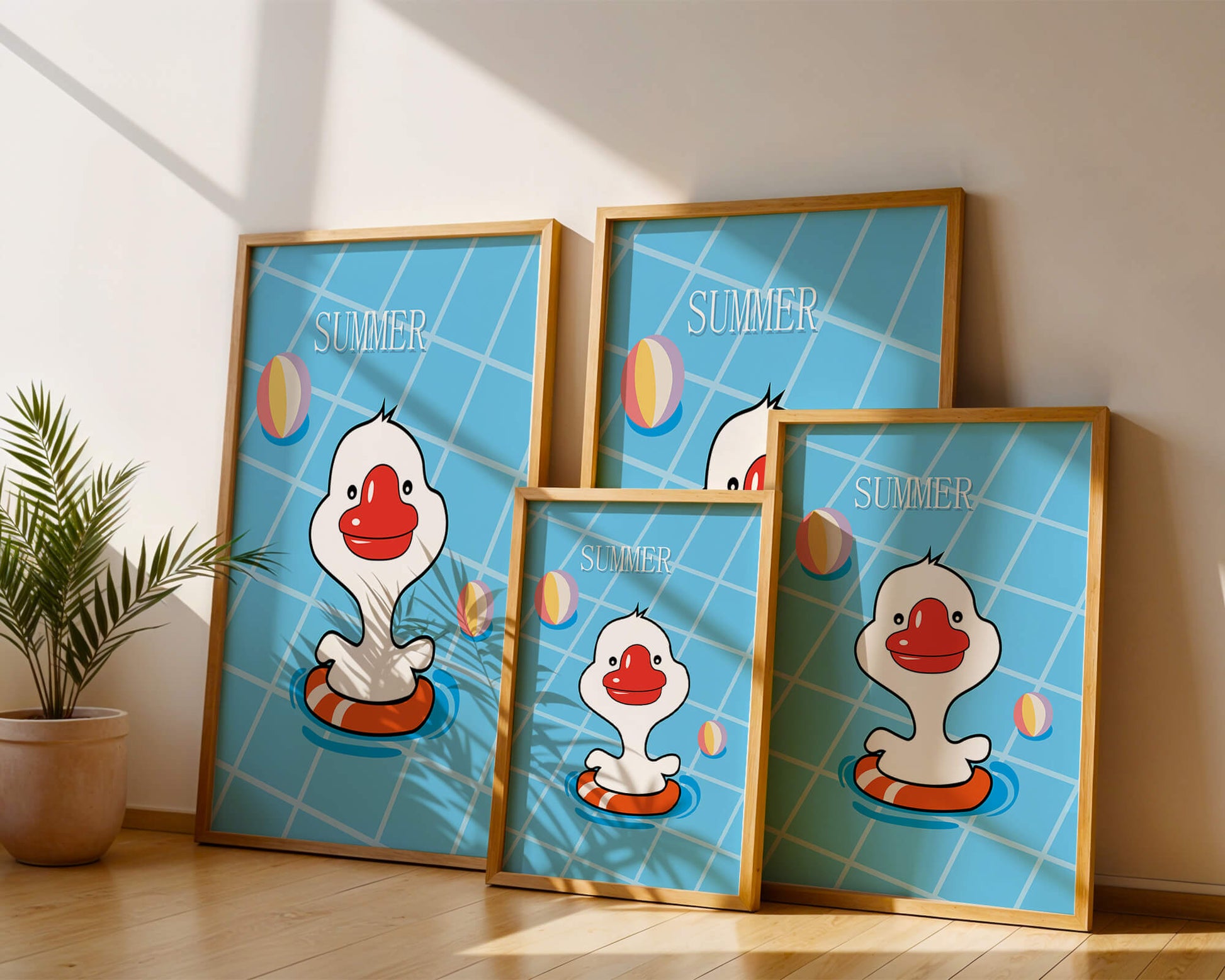 Cartoon duck swimming in a pool with summer beach elements