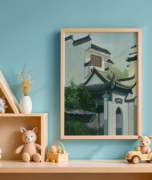 Traditional Asian architecture with lush greenery