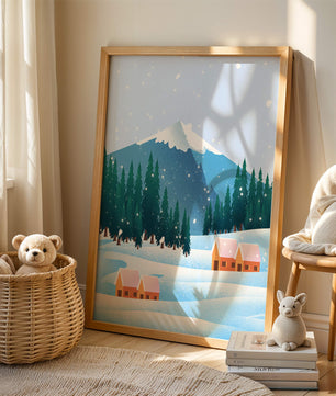 Winter Mountain Landscape with Snowy Cabins and Forest - Mi tienda
