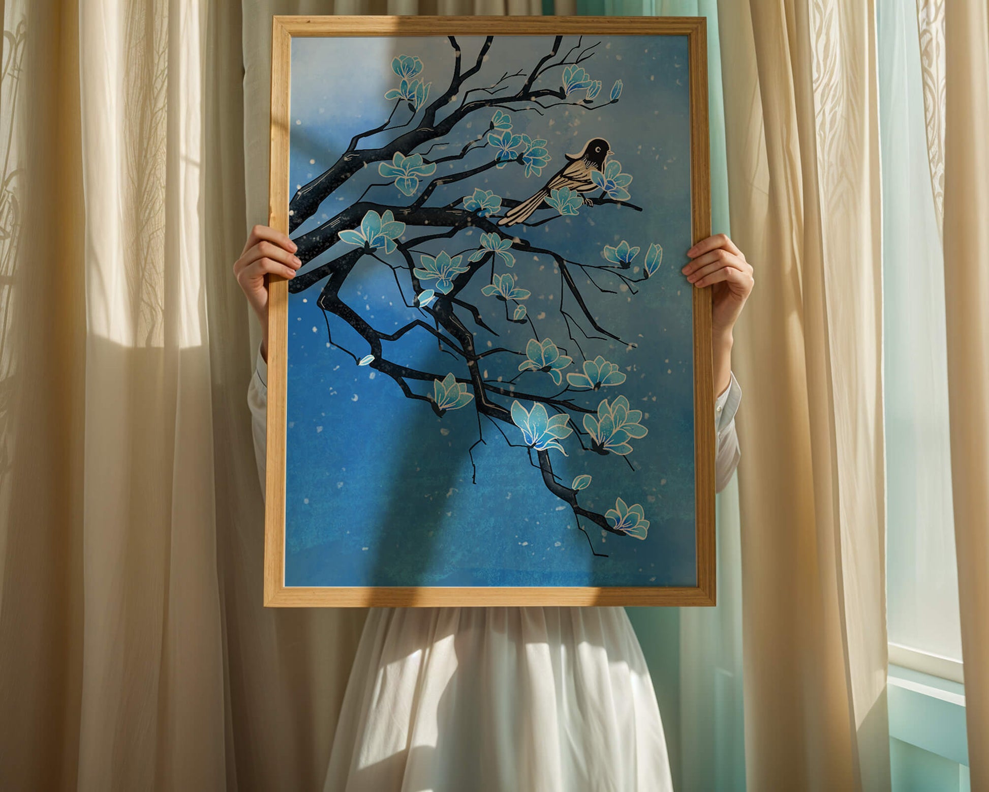 Bird on a branch with blue flowers against a snowy background