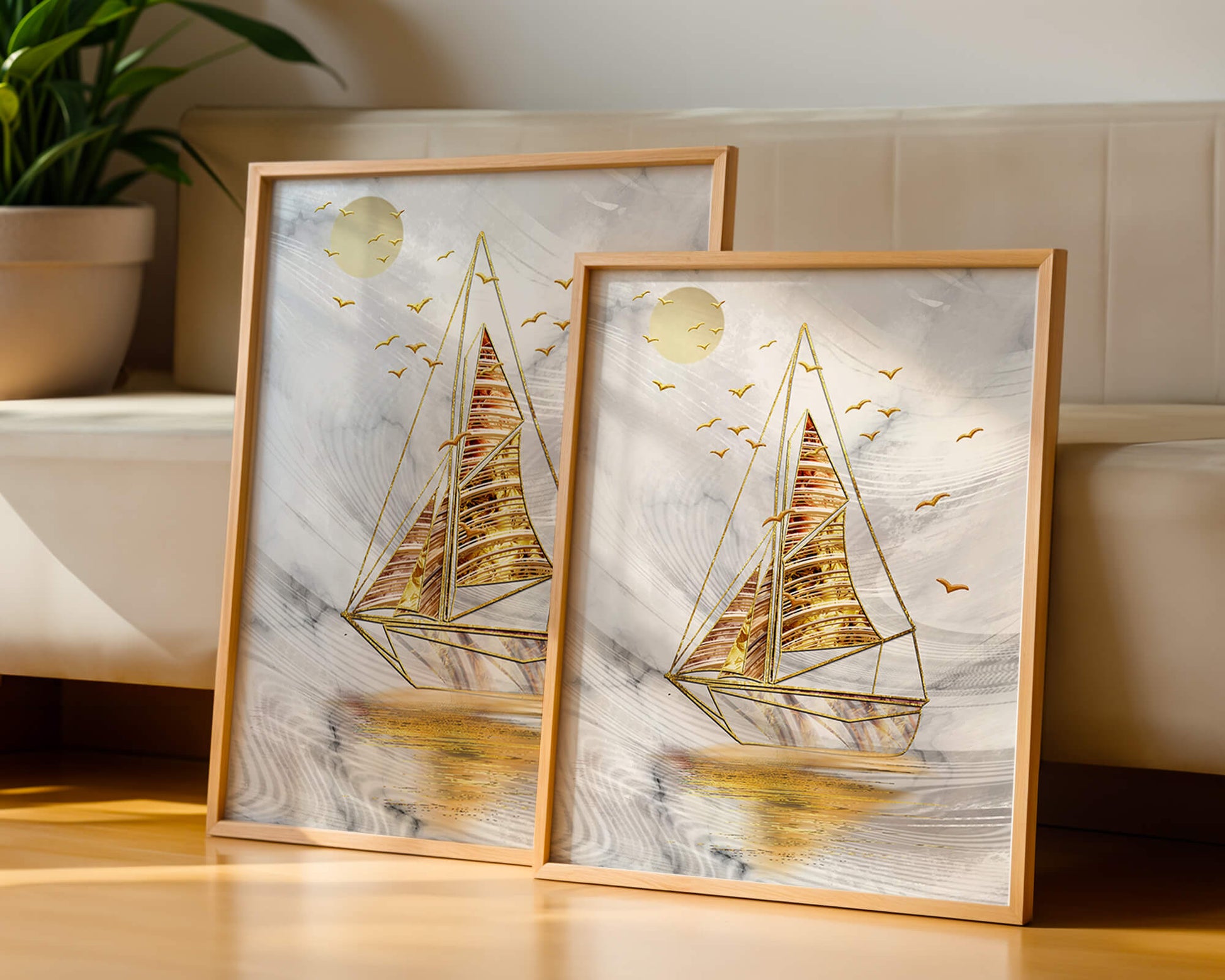 Elegant sailboat with gold elements against a textured sky