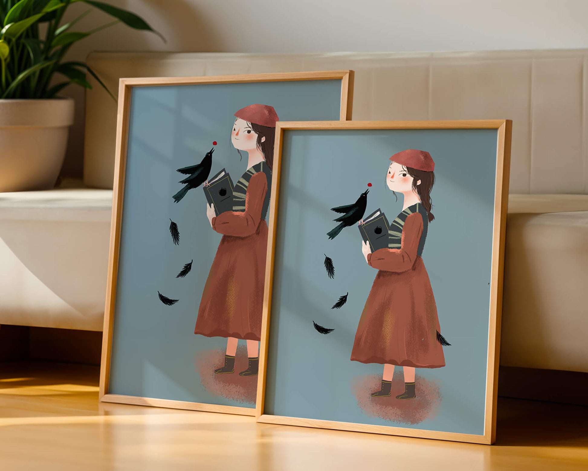 girl in vintage attire with bird and book on blue background