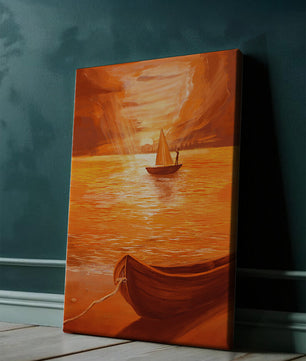 velero en un mar anaranjado al atardecer con gloriosa reflexión del cielo