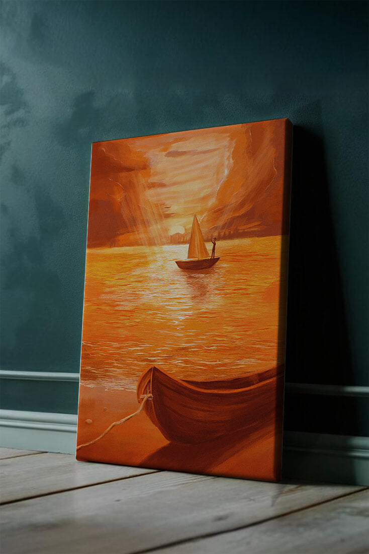 velero en un mar anaranjado al atardecer con gloriosa reflexión del cielo