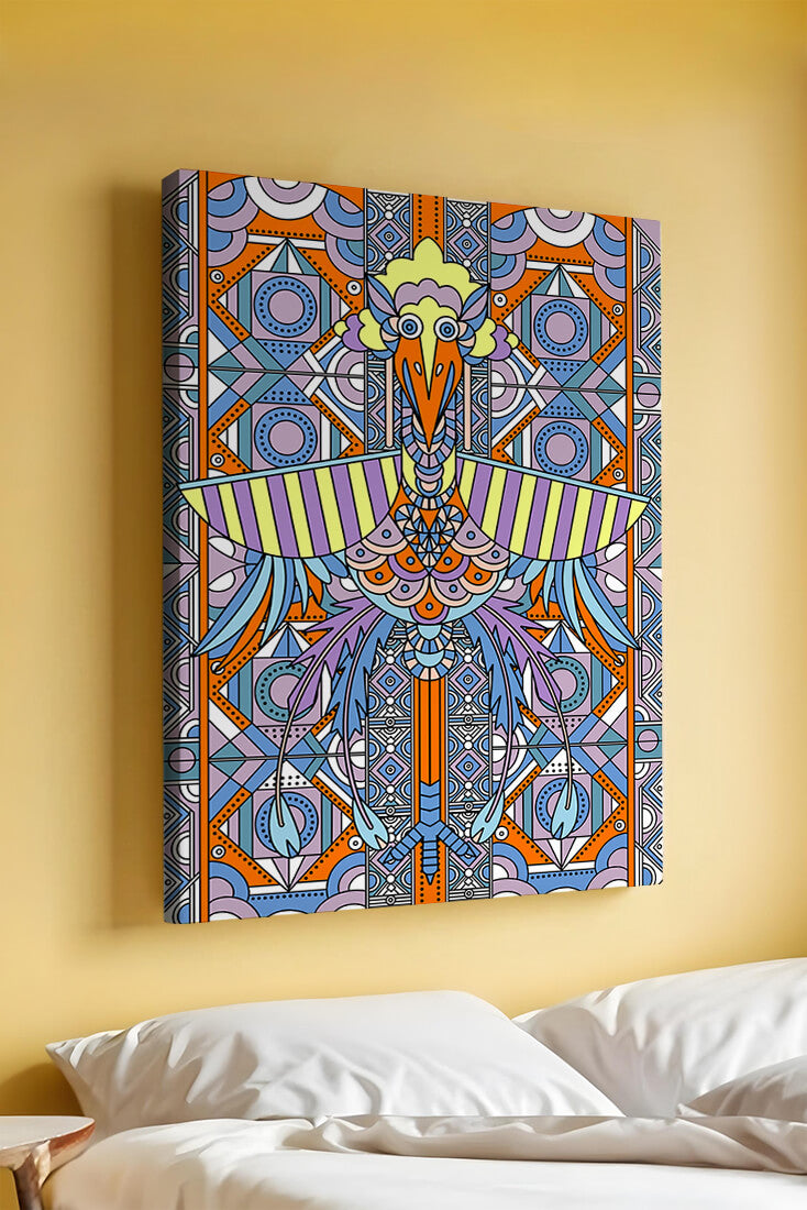 Arte geométrico de aves con patrones coloridos y detalles intrincados