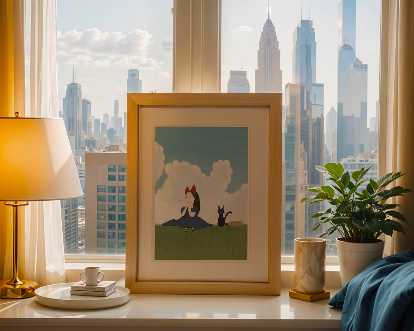 Girl with Red Bow and Cat in Lush Green Meadow
