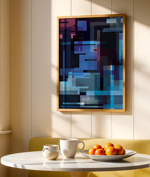 Arte digital geométrico abstracto con tonos azules y morados