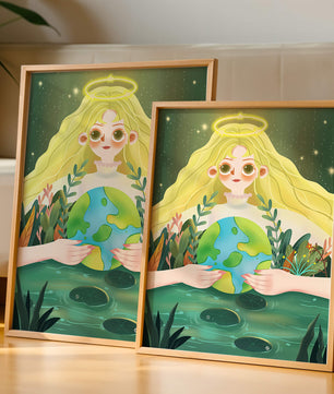 Illustration de la nature paisible avec une figure céleste tenant la Terre