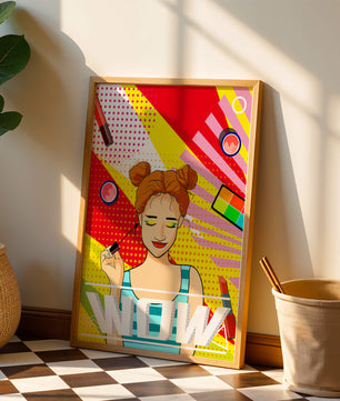 Ilustración de arte pop vibrante con una niña sonriente con maquillaje colorido y patrones audaces