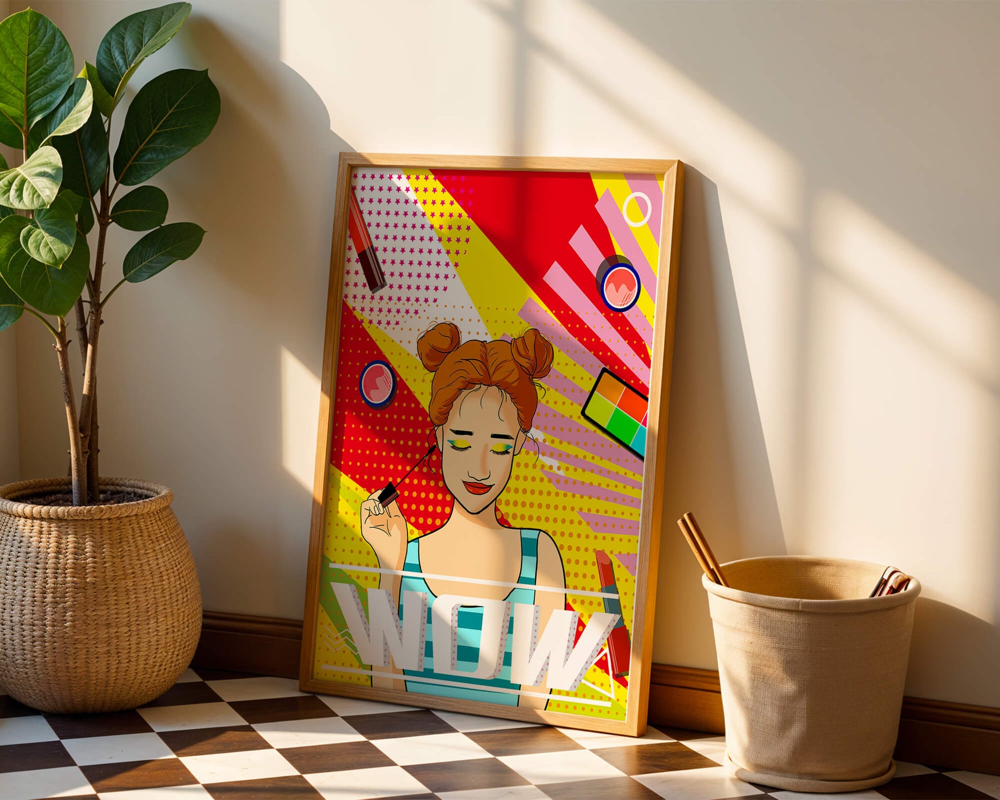Ilustración de arte pop vibrante con una niña sonriente con maquillaje colorido y patrones audaces