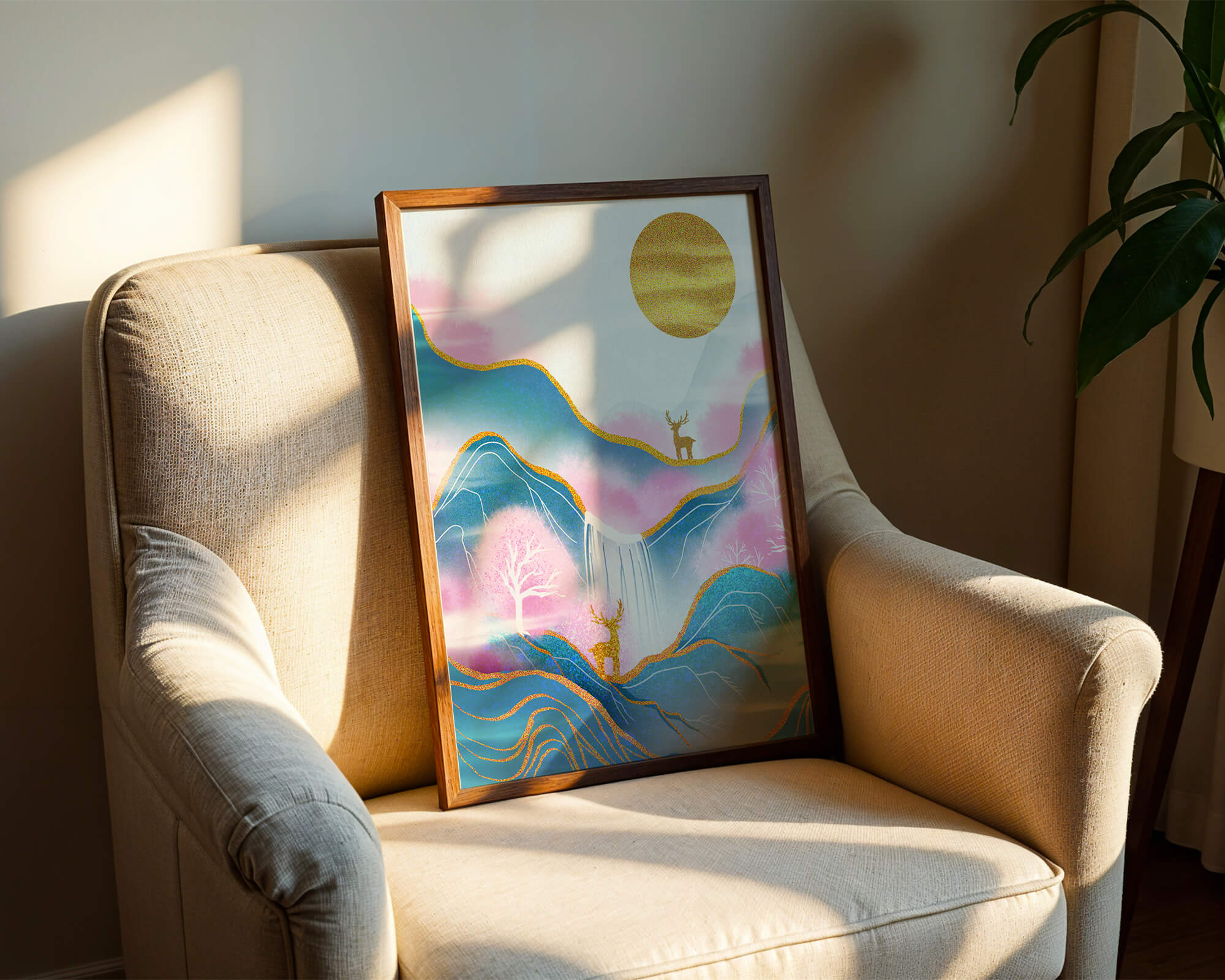 Golden deer in a pastel mountain landscape with pink skies