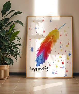 Colorful feather with inspirational message on abstract paint splatter background