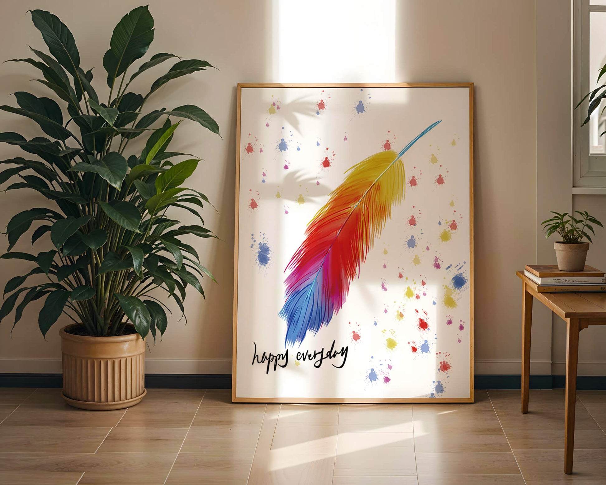 Colorful feather with inspirational message on abstract paint splatter background
