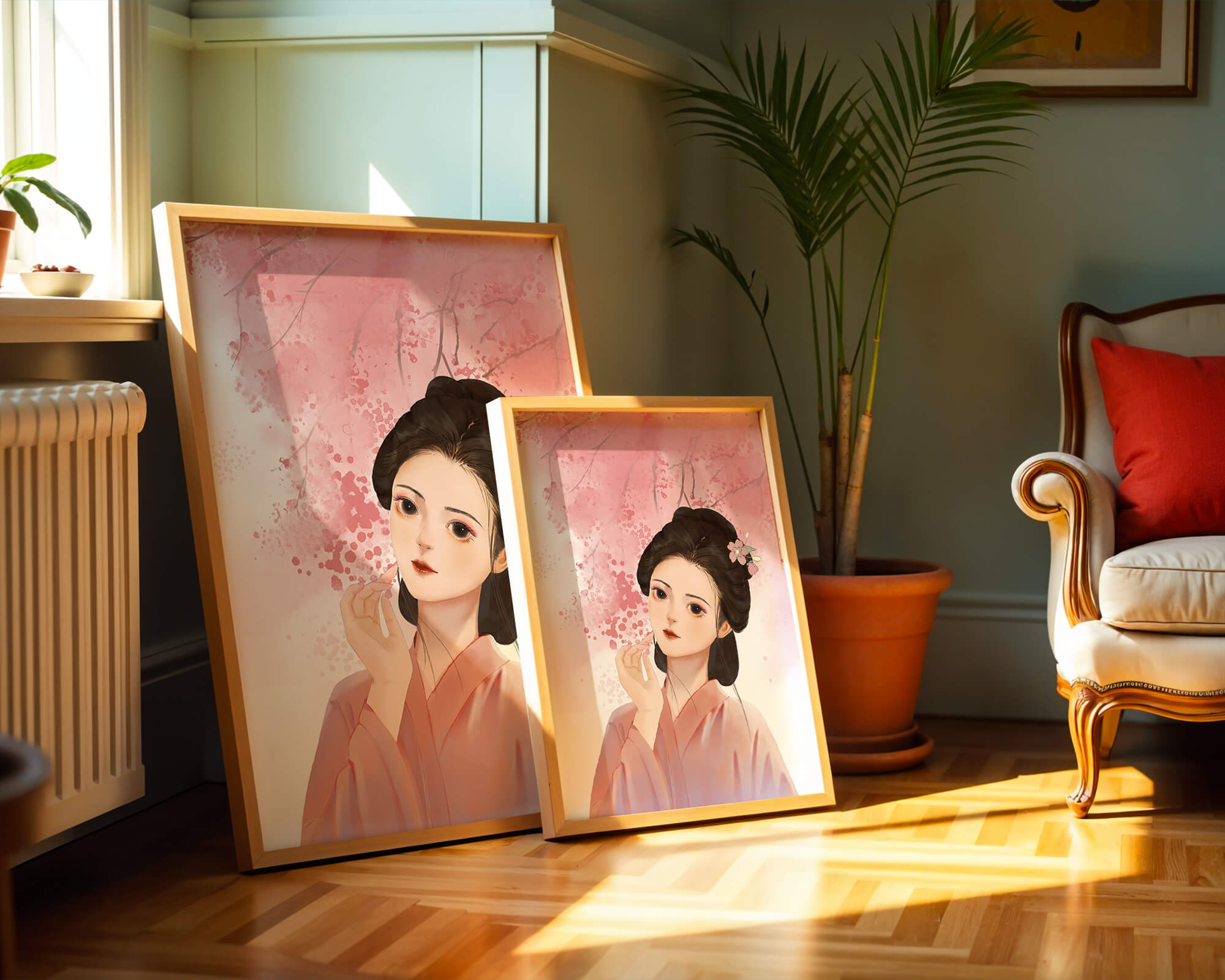 Traditional Japanese woman with pink cherry blossoms in the background