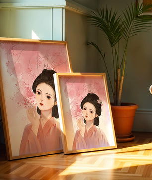Femme japonaise traditionnelle avec des fleurs de cerisier roses en arrière-plan