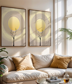 Silueta estilizada de un árbol con círculos concéntricos y un sol grande