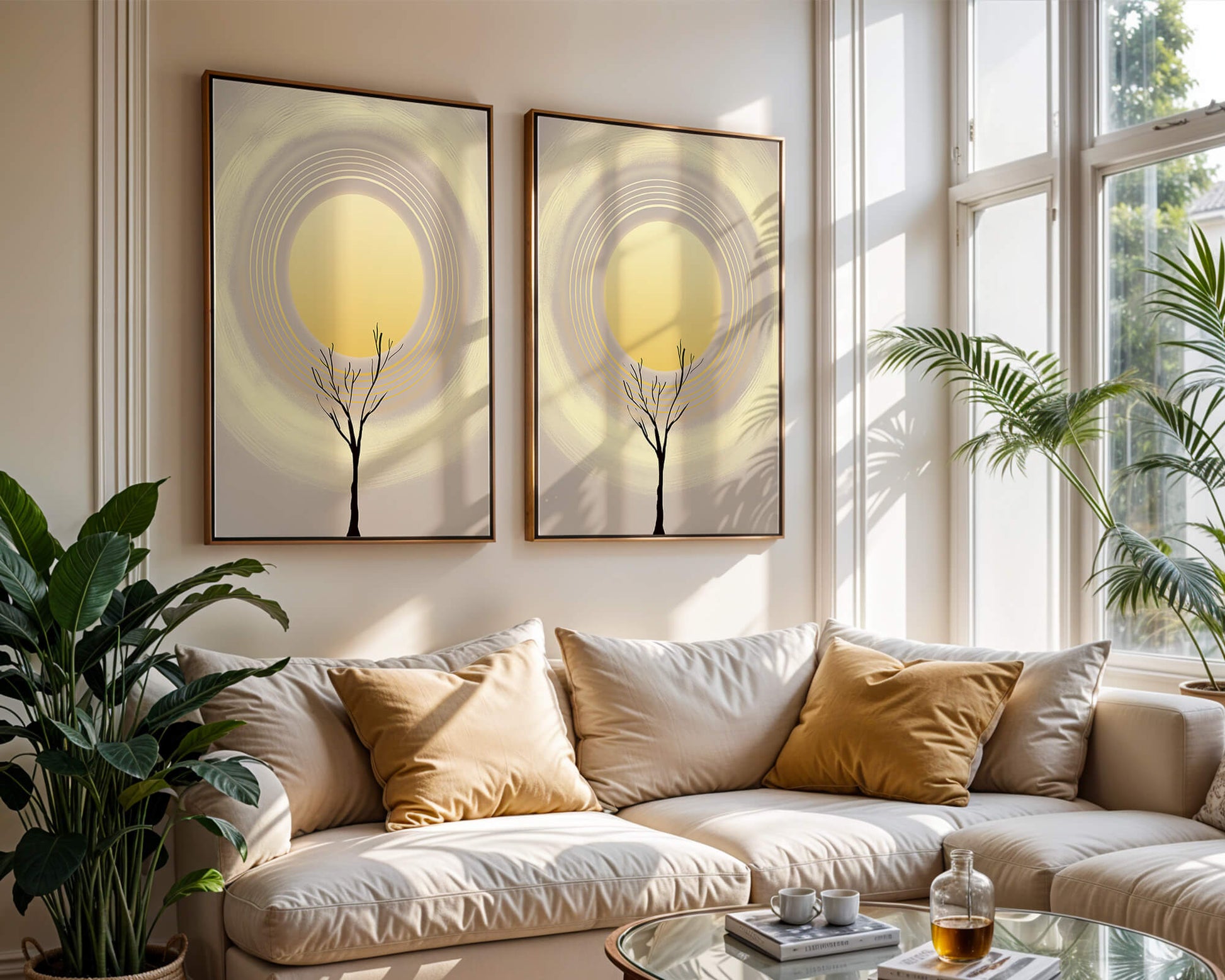 Silueta estilizada de un árbol con círculos concéntricos y un sol grande