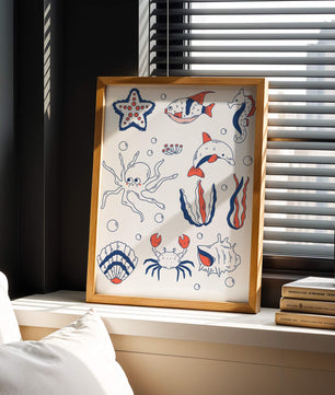 Colorful marine life illustration featuring sea creatures on a dark background