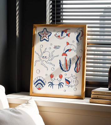 Colorful marine life illustration featuring sea creatures on a dark background