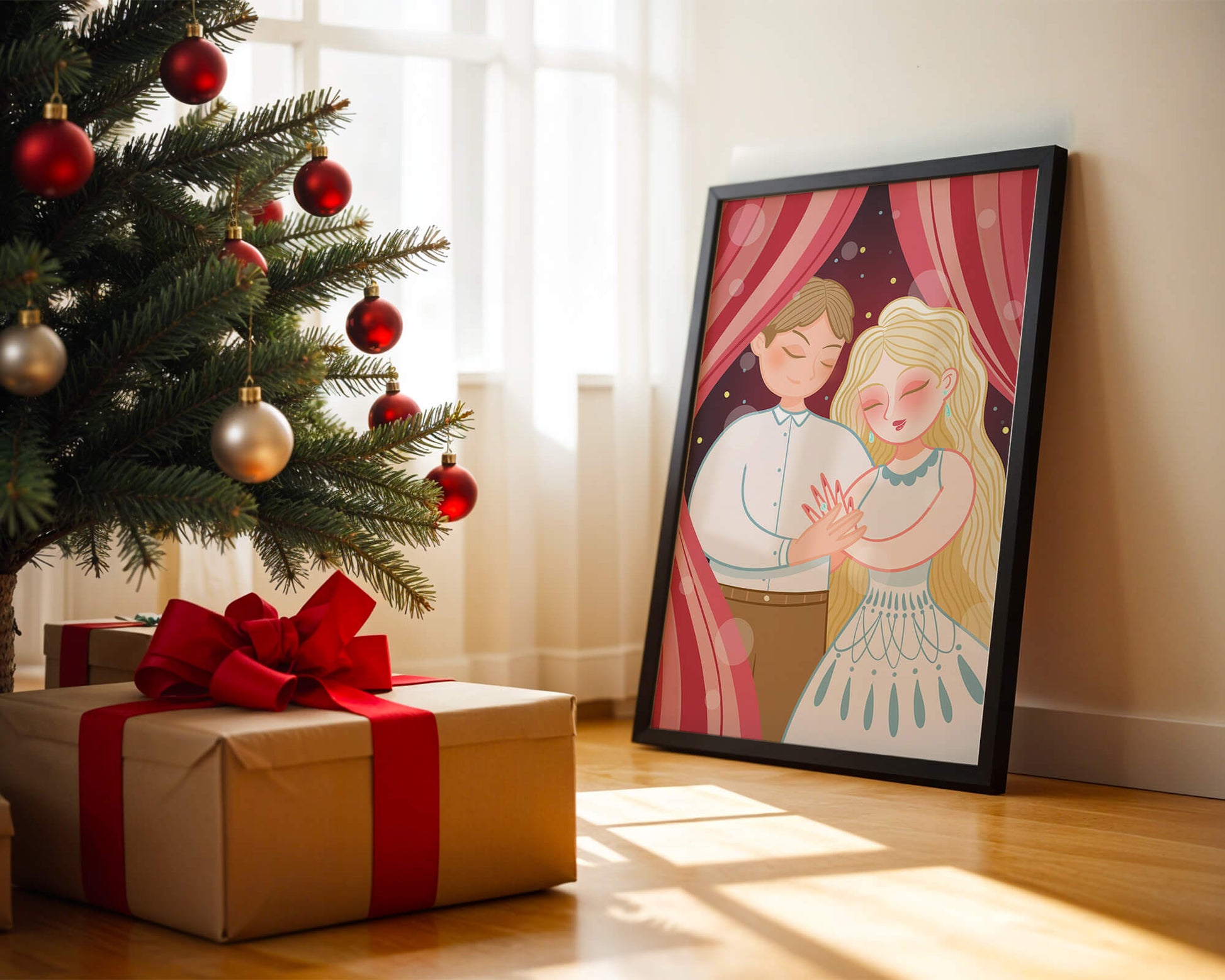 Romantic couple under red curtains with gentle embrace