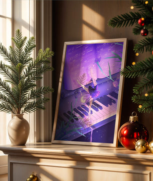 Graceful Ballerina Dancing on Piano Amidst Flowers and Musical Notes