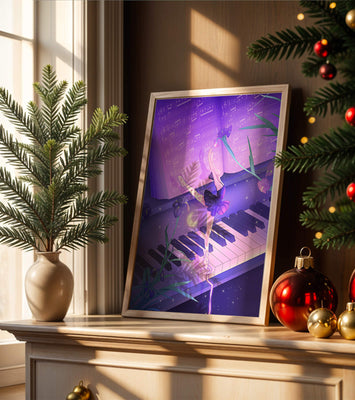 Graceful Ballerina Dancing on Piano Amidst Flowers and Musical Notes