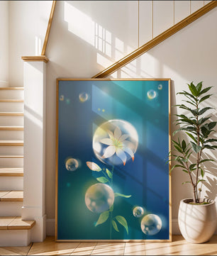 Zarte Blume in transparenten Blasen auf einem verträumten blauen Hintergrund