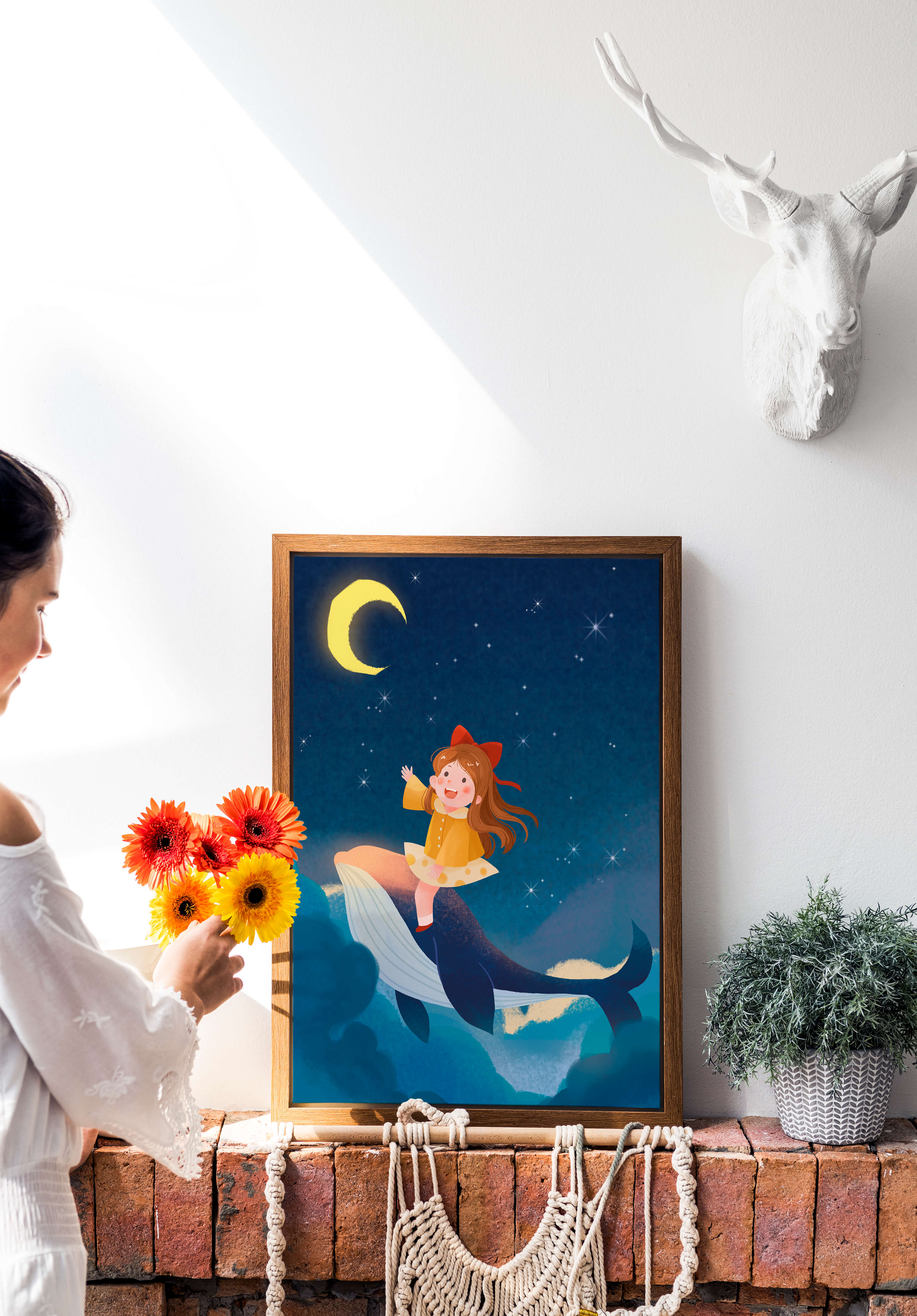 Girl on a whale under starry night sky