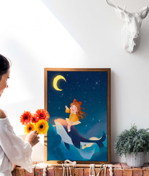 Girl on a whale under starry night sky