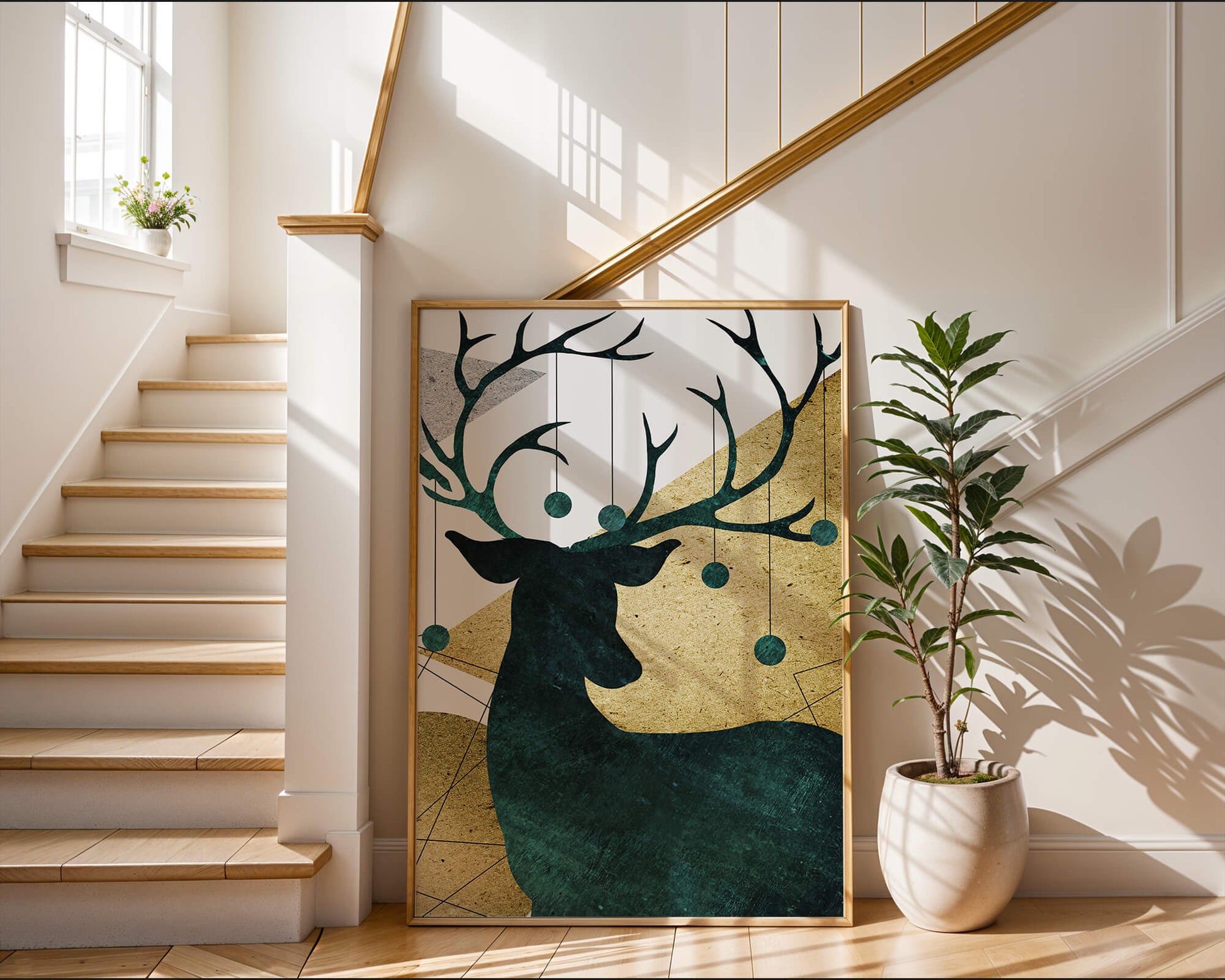 Silhouette of a Deer with Abstract Gold and Green Background