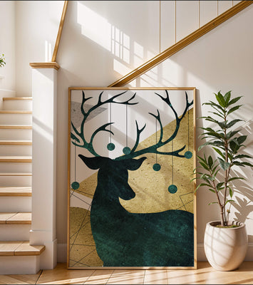 Silhouette of a Deer with Abstract Gold and Green Background