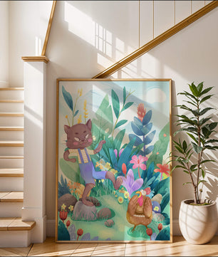Playful Cat and Chicken in Vibrant Forest Scene Illustration